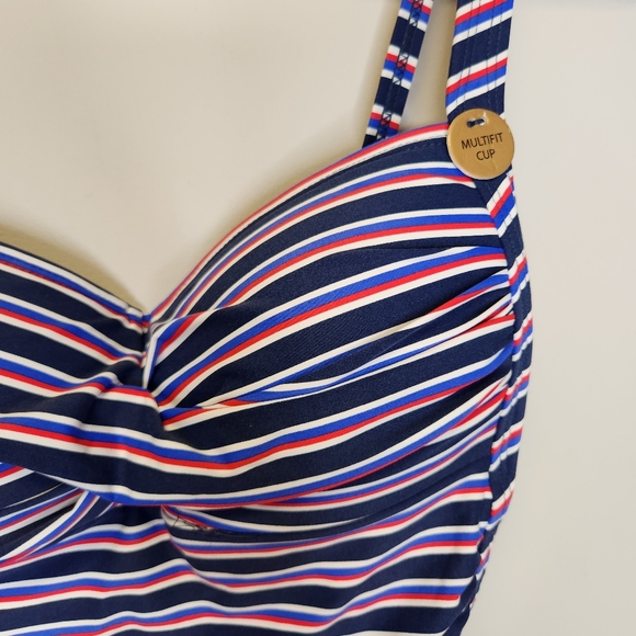 Nip Tuck Swimsuit One Piece Striped Navy Red Black Halter Slimming Womens 8  NEW - Picture 2 of 6